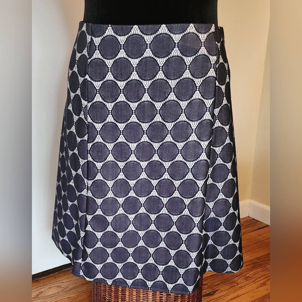 Renee C. Navy and White Circle Pattern A-Line Skirt - LT